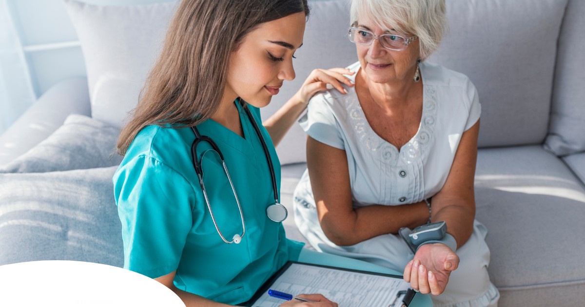 Elderly person using health monitoring technology at home